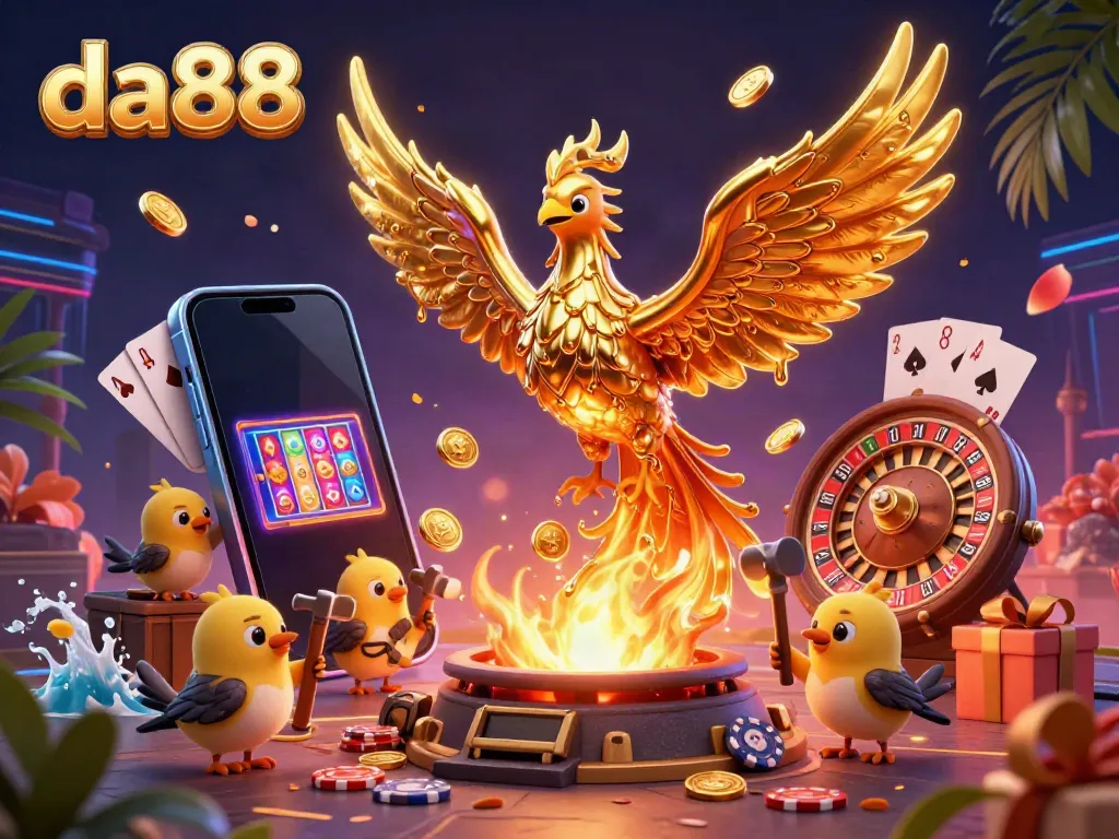 Spin to win with da88: experience the thrill of casino games and striking visuals in a vibrant 3D illustration.
