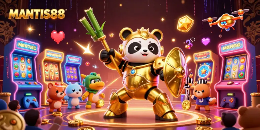 Spin the reels at MANTIS88 with a vibrant illustration showcasing a golden panda and dynamic casino elements.