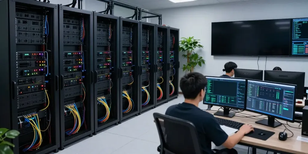 Infrastructure of qqmacan showcasing a state-of-the-art gaming data center with servers.