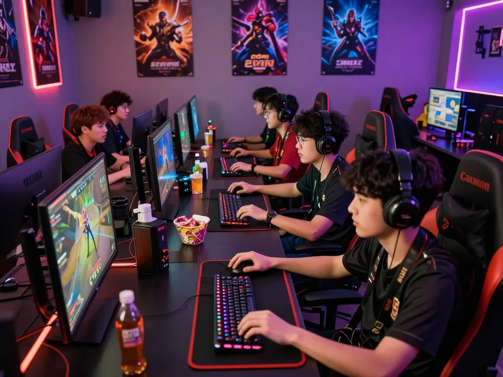 Exciting players enjoying cổng game cwin in a vibrant gaming room with colorful lights.