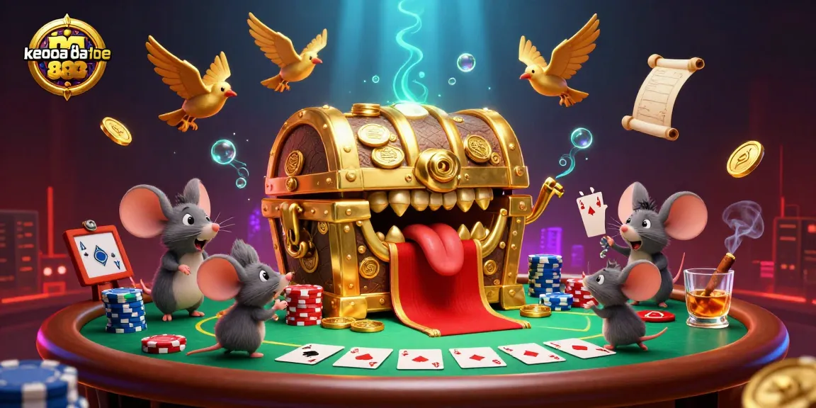 Experience keonhacaibet888's thrilling casino adventure with cartoon treasures and poker action.