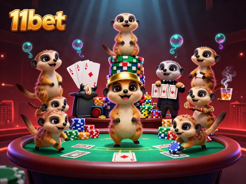 Experience excitement with 11bet's colorful casino scene featuring meerkats engaging in card games.