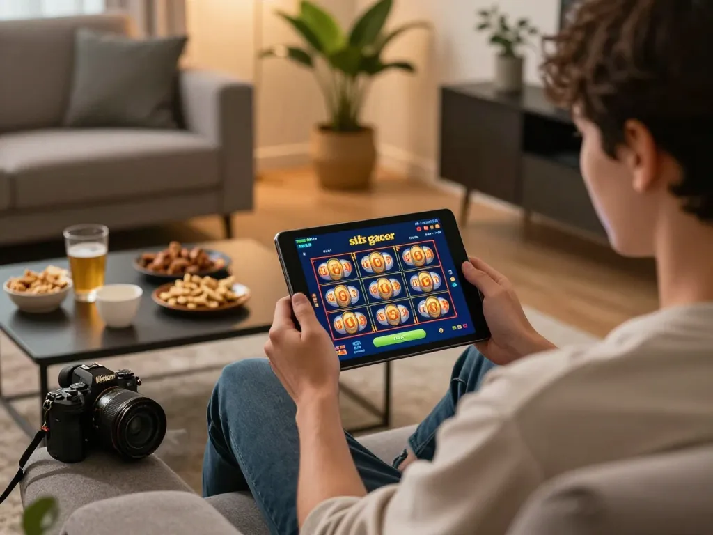 situs slot gacor gaming setup with a player focused on tablet interface showing online slots