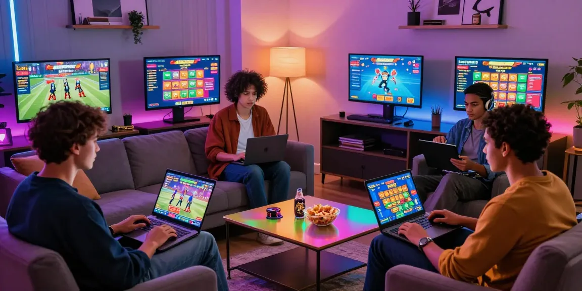 LUCK8 users enjoying an immersive gaming experience in a lively online platform setting with vibrant lighting and interactive devices.