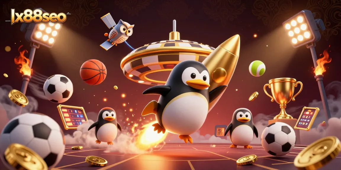 Experience thrilling gaming action with lx88seo as a golden penguin and poker chip casino take center stage.