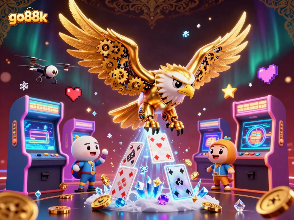 Engage with go88k's thrilling gaming experience featuring a golden eagle diving through holographic cards.