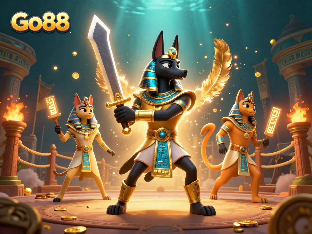 Experience excitement at Go88 with Anubis and Bastet in this vivid casino-themed illustration.