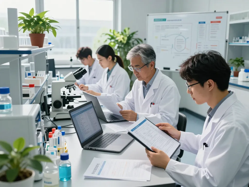 Team of researchers analyzing MB66 film data in a modern laboratory.
