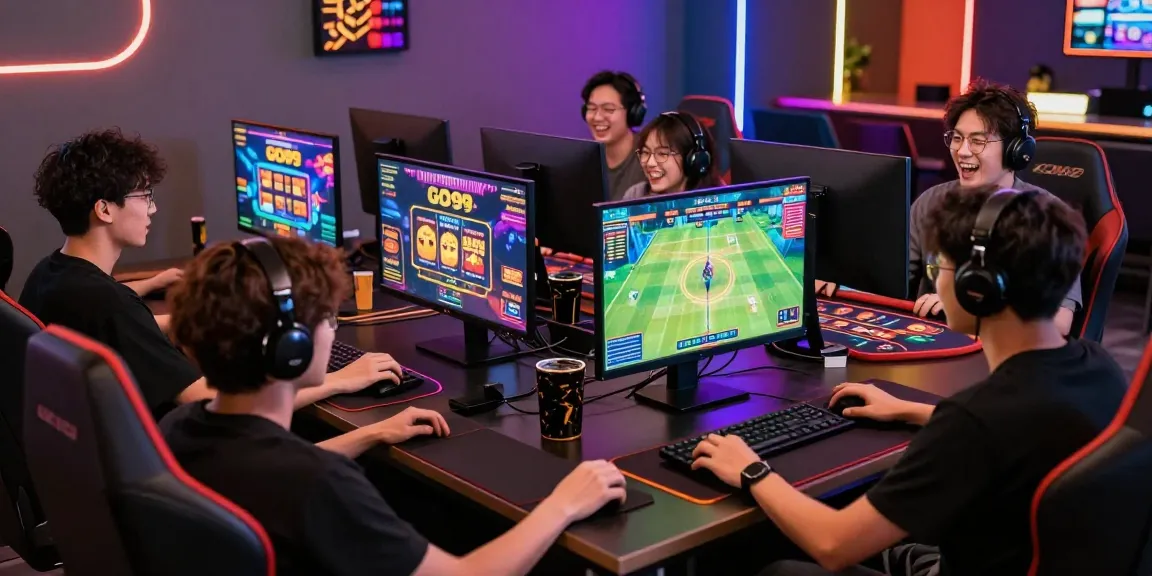 Group of gamers enjoying diverse games at GO99 online gaming lounge, showcasing excitement and camaraderie.