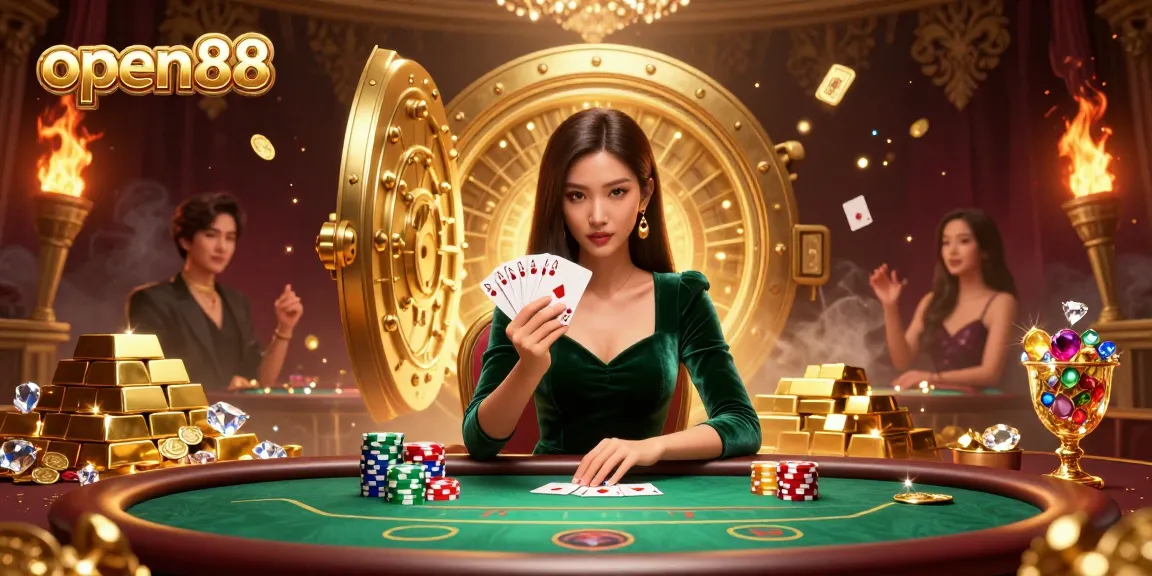 Experience the thrill of open88 with a stunning casino scene featuring a focused player at a poker table.