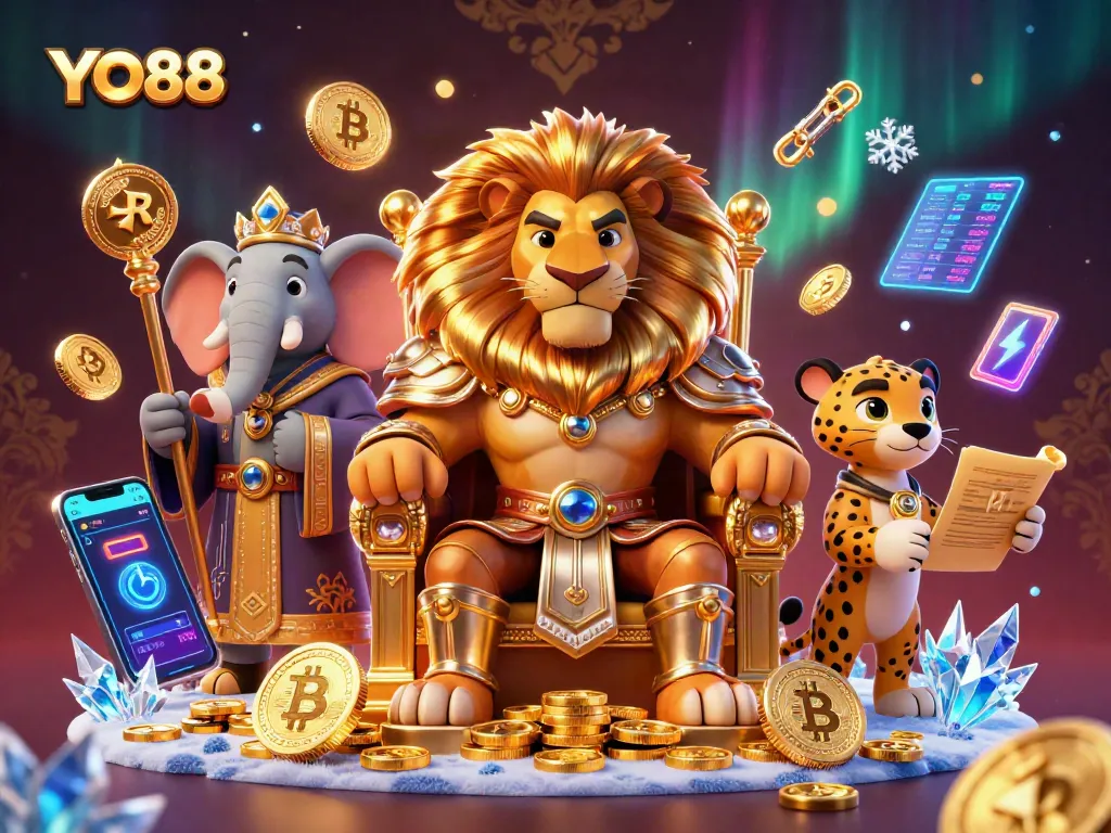 Engage with YO88's vibrant 3D casino scene featuring rich characters and crypto elements.