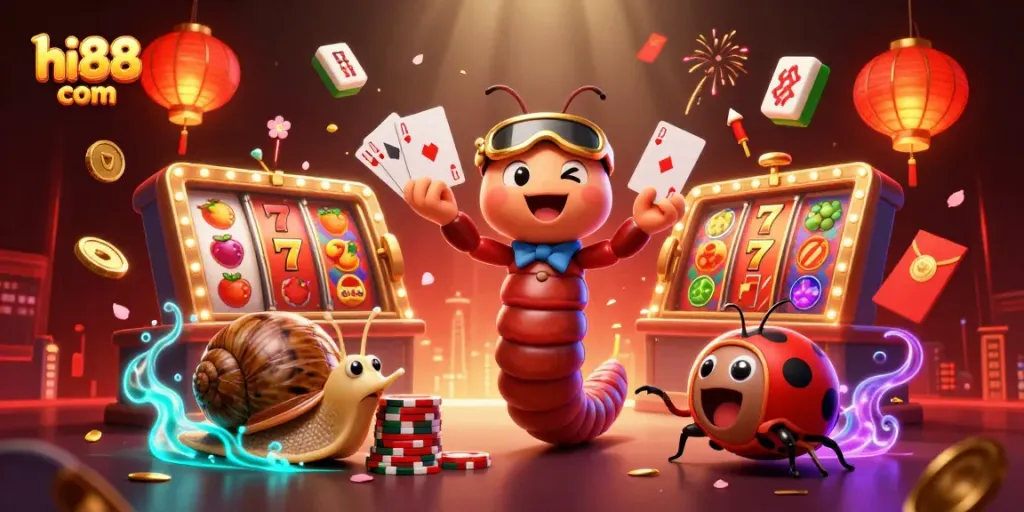 Engage with hi88 com at the vibrant casino, featuring carnival characters, slot reels, and festive decorations.