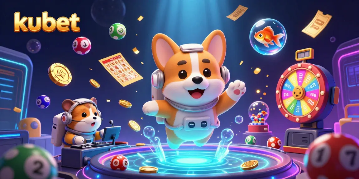 Experience thrilling gaming at kubet with floating coins, lottery balls, and immersive characters in a vibrant casino scene.