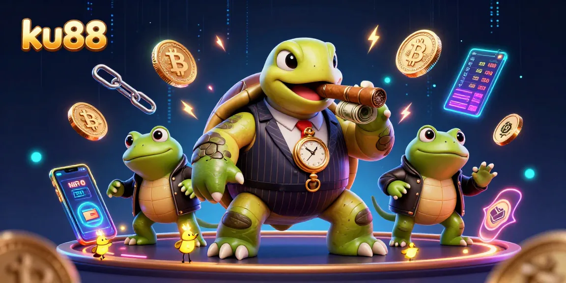 ku88 showcases a lively casino scene with a snapping turtle and bullfrog characters, celebrating winnings.