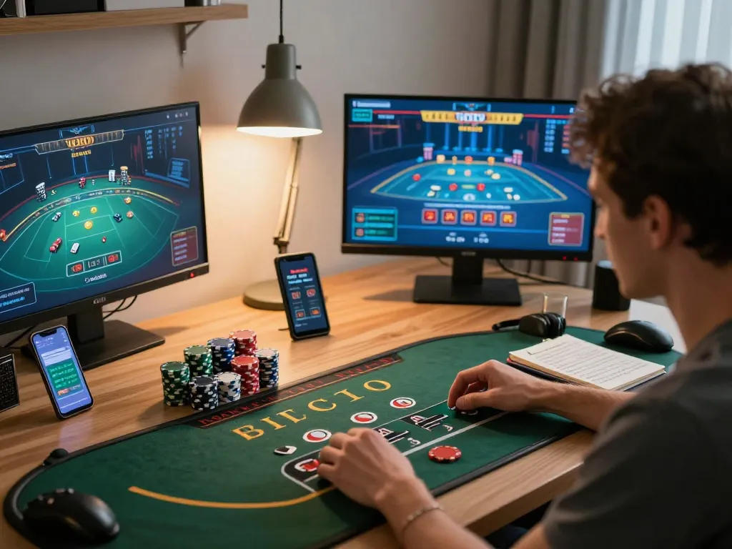 77WIN player enjoying an engaging virtual blackjack game setup at home, strategizing for winning.