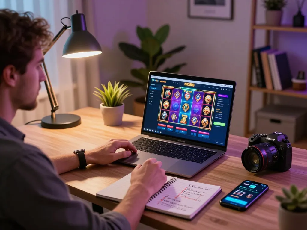 Experience thrilling gameplay at sc88 with engaging slots and strategic notes in a cozy home office.