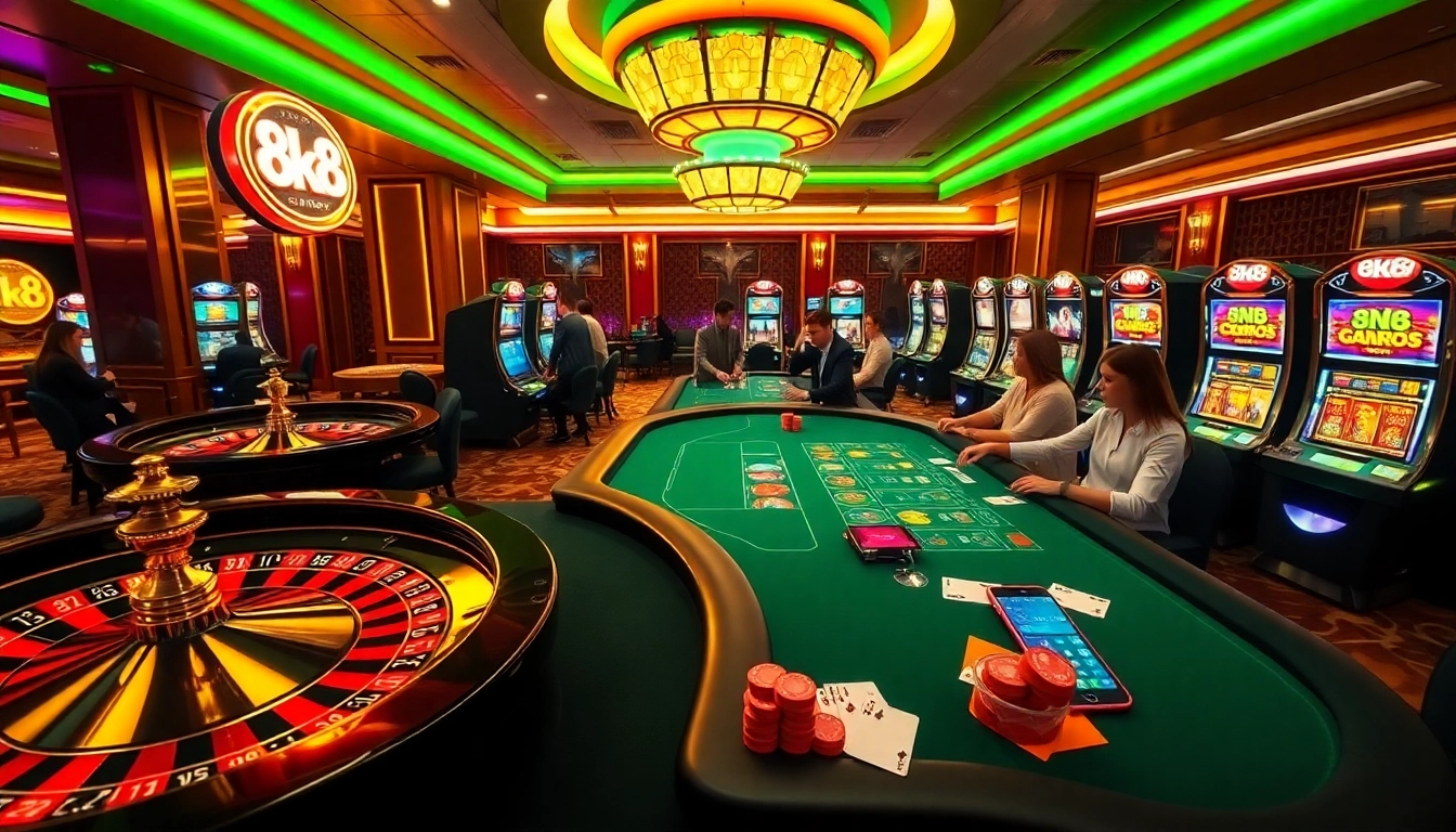 Engaged players enjoying online casino games at 8k8, featuring roulette and slot machines.