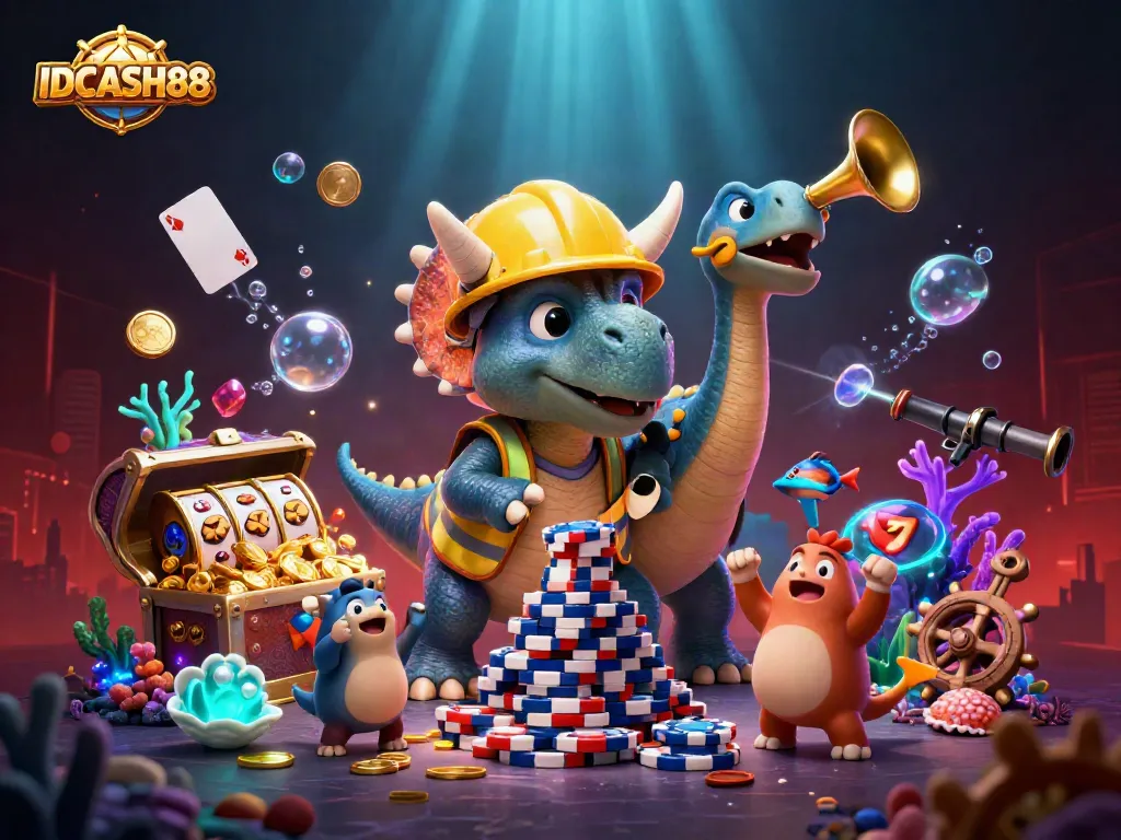 Engage with IDCASH88 as a lively triceratops builds a poker chip pyramid surrounded by dynamic casino elements.