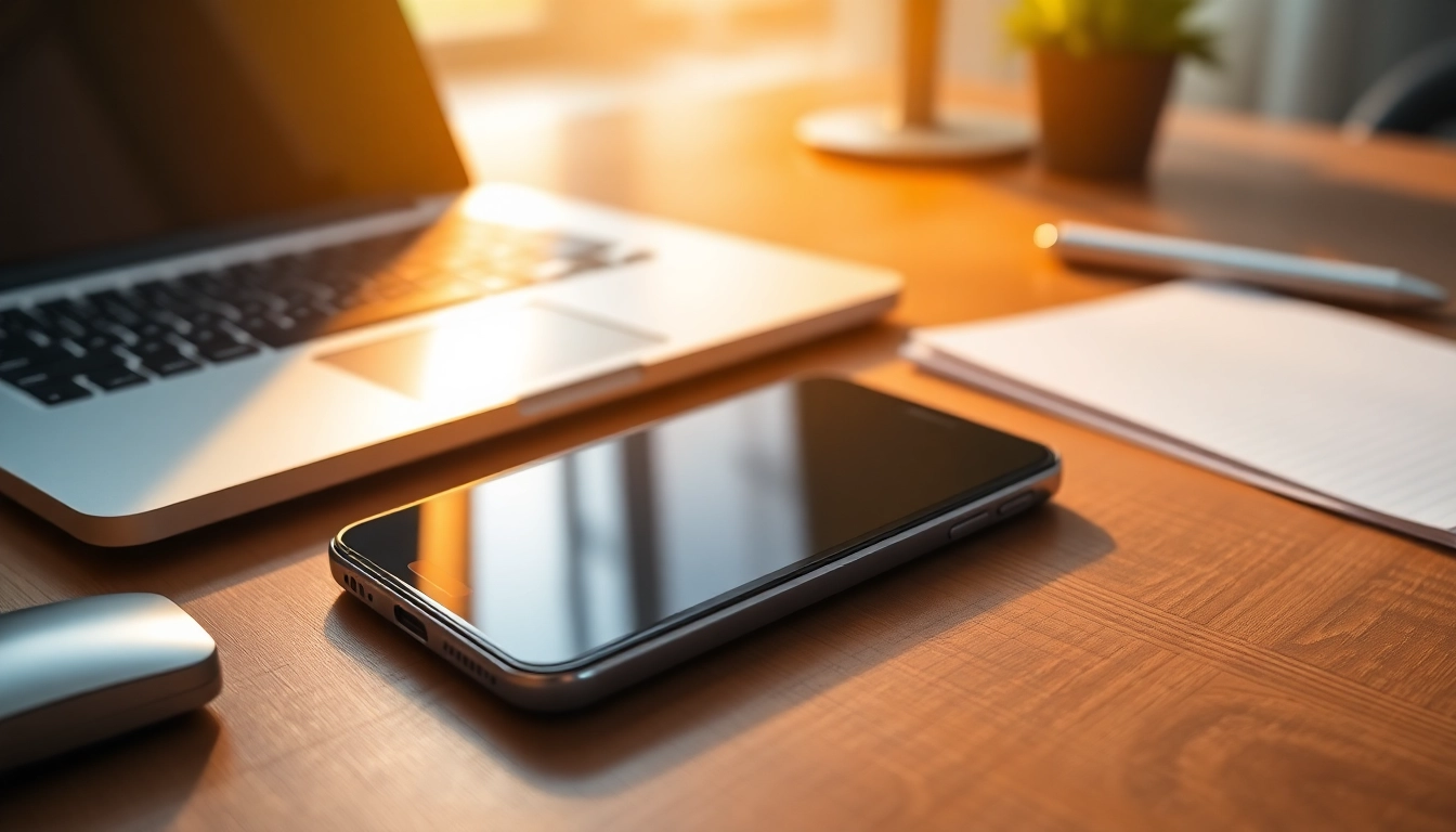Cash For Phone highlighted on a smartphone amidst a modern workspace scene.