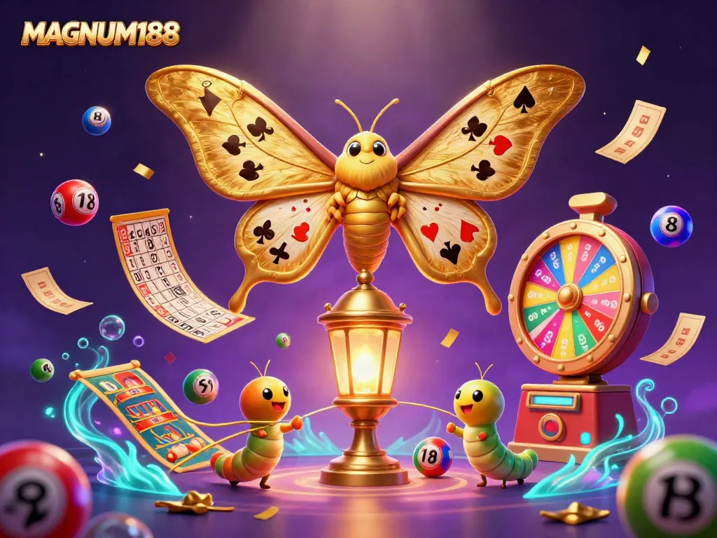 Experience the magic of MAGNUM188 with vibrant casino elements and a captivating moth illustration.
