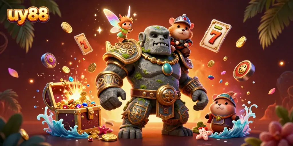 Experience the excitement of uy88 with a stone golem, fairy, and hamster knight in a vibrant casino scene.