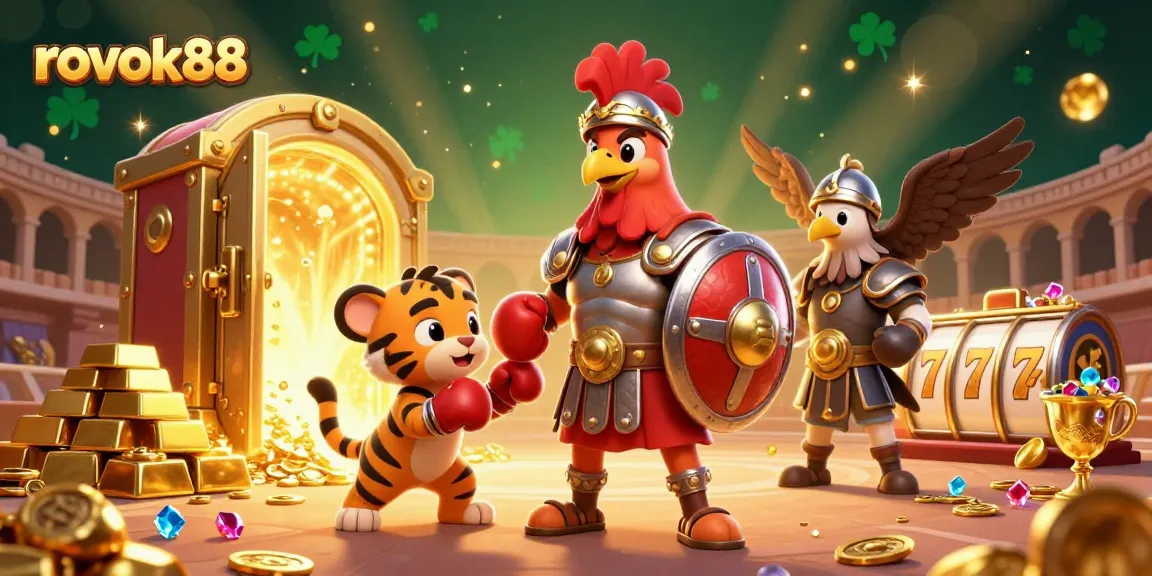Play engaging rokok88 casino games with 3D characters amidst gold treasure and slot reels.