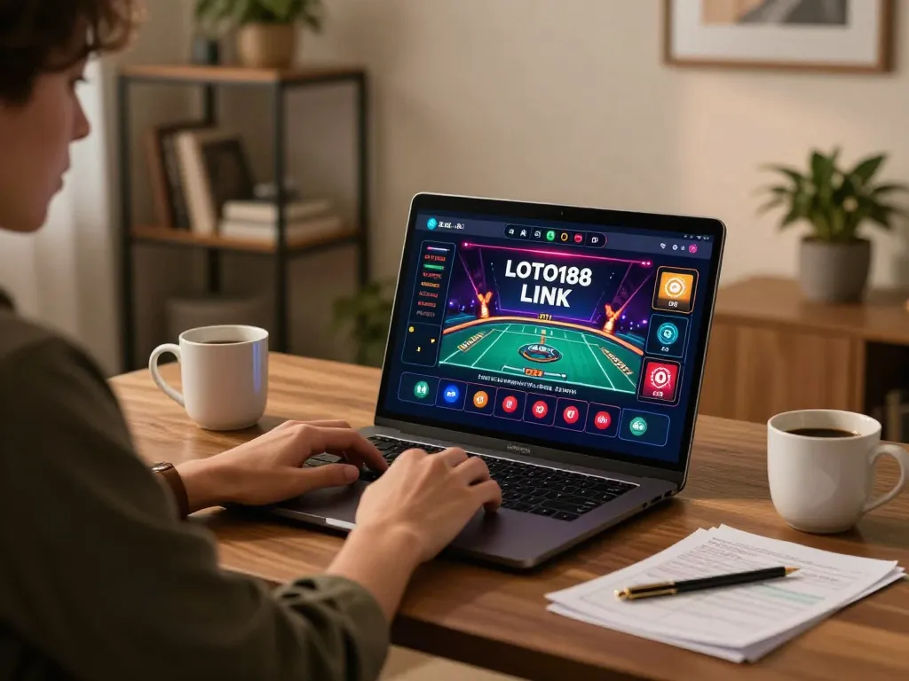 Engaged player interacting with LOTO188 LINK on laptop during a live dealer game.