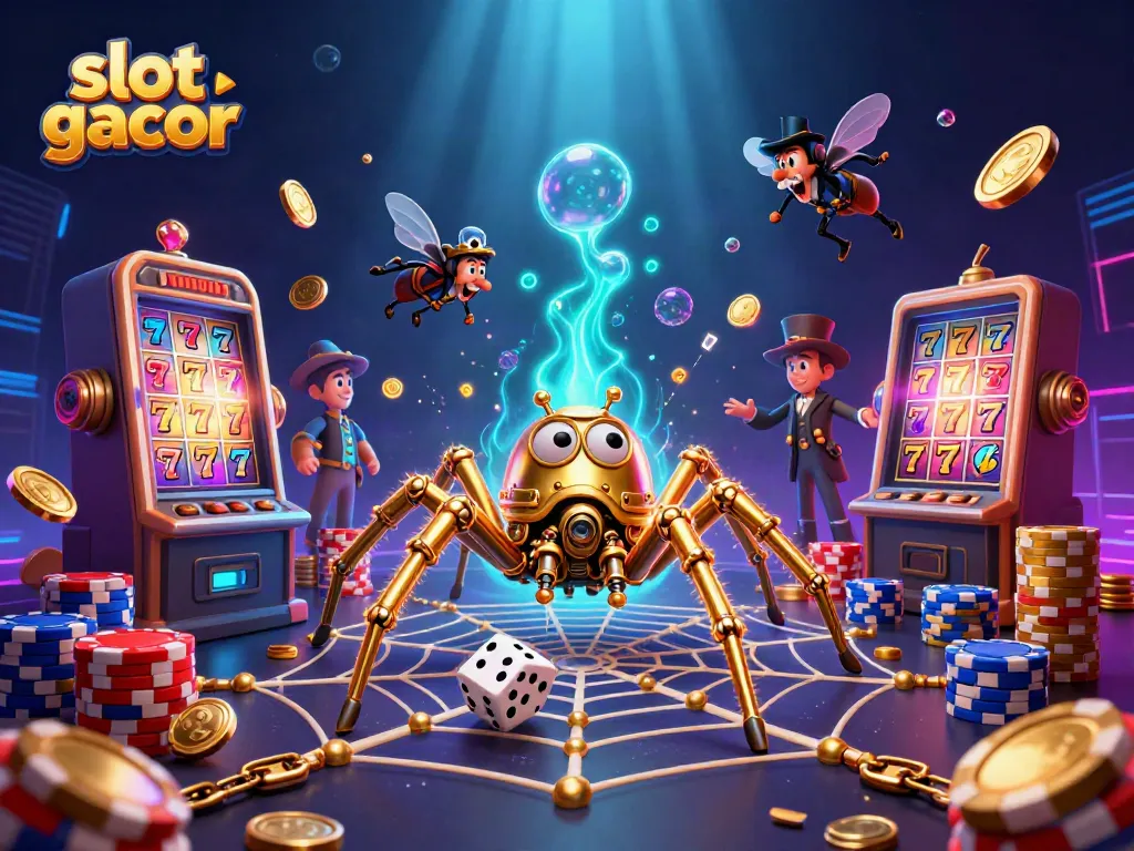 Experience the thrill with slot gacor as a golden spider weaves its web in a vibrant casino scene.