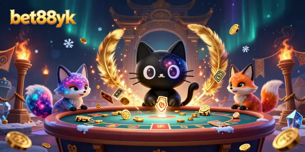 Bet88yk casino scene with a black hole cat and nebula fox captivating gamblers with swirling chips and cards.