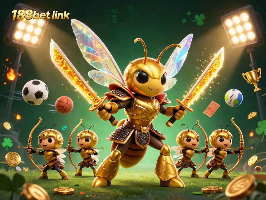 Engage with the exciting 188bet link, showcasing a dynamic scene of a golden hornet in samurai armor among sports elements and gaming excitement.