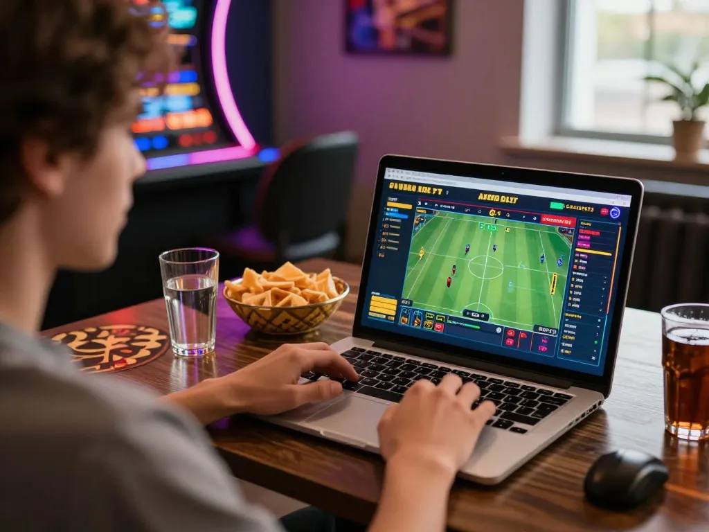 Person engaging in sports betting on laptop at home during exciting online gambling moment, Trang chủ gk88 experience