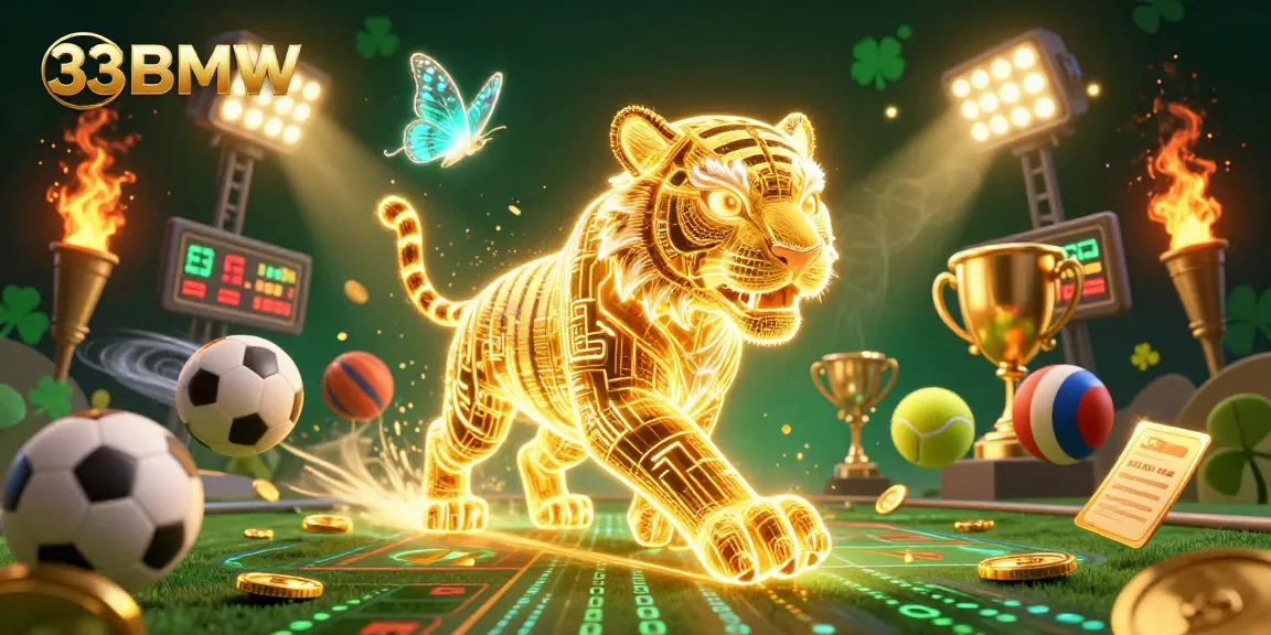 Explore the vibrant world of 33BMW with a neon tiger and dynamic sports elements in this digital casino.