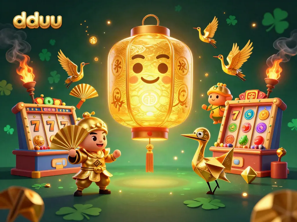 Experience thrilling gaming at dduu with golden lantern spirit and slot machines amidst vibrant casino energy.