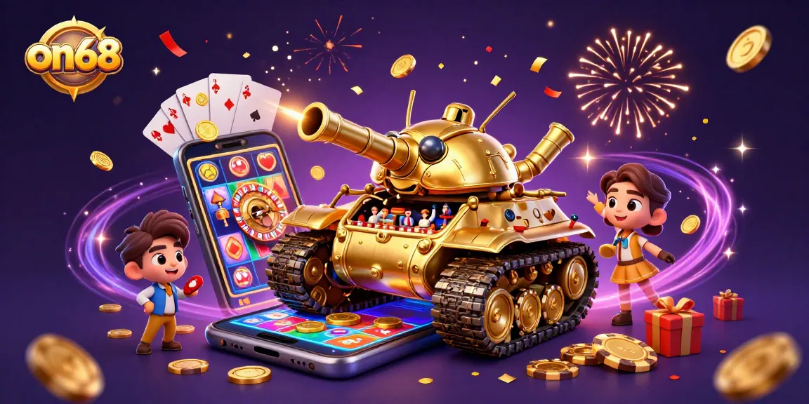 Play exciting games at on68 with a vibrant casino atmosphere featuring a golden beetle tank and slot games.