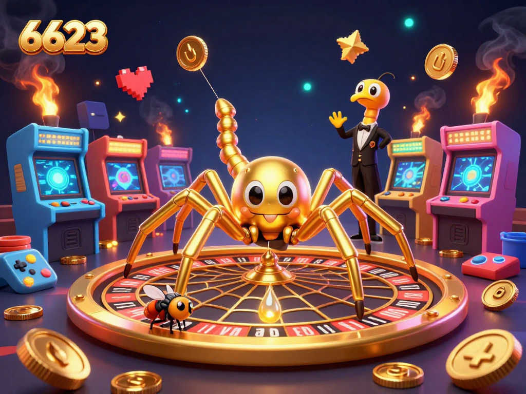 Experience thrilling gameplay at 6623 as the golden spider spins the roulette wheel surrounded by arcade games.