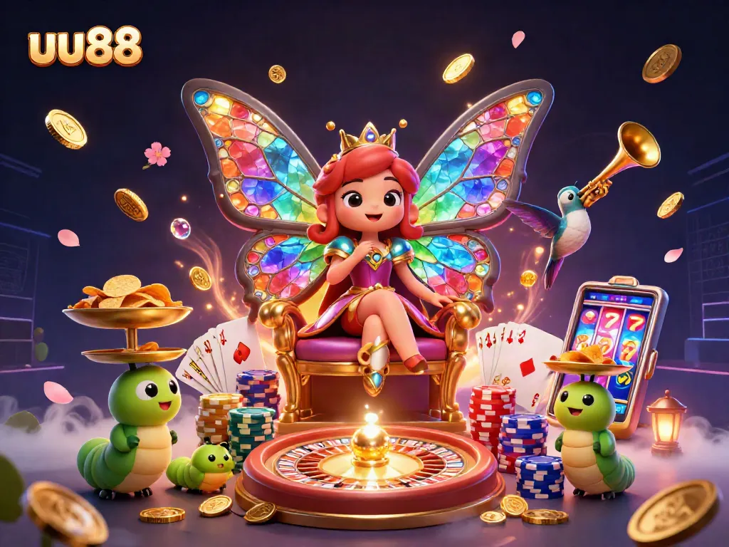 Win big at uu88 with a lively illustration of vibrant gaming elements and a queen butterfly!
