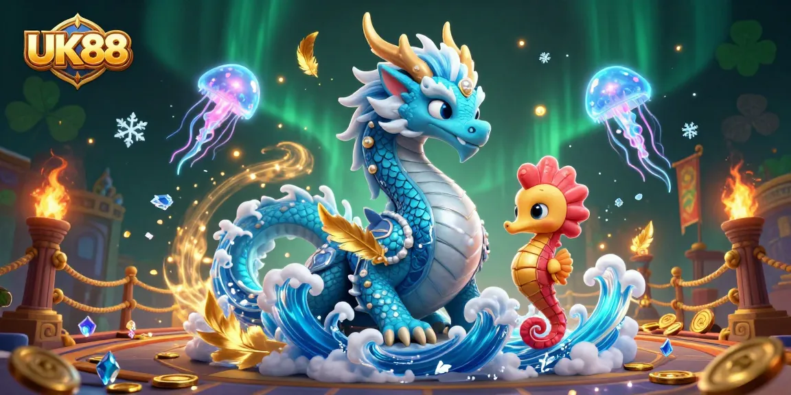 Engage with UK88 through a vibrant 3D casino scene featuring dynamic dragon and seahorse characters.