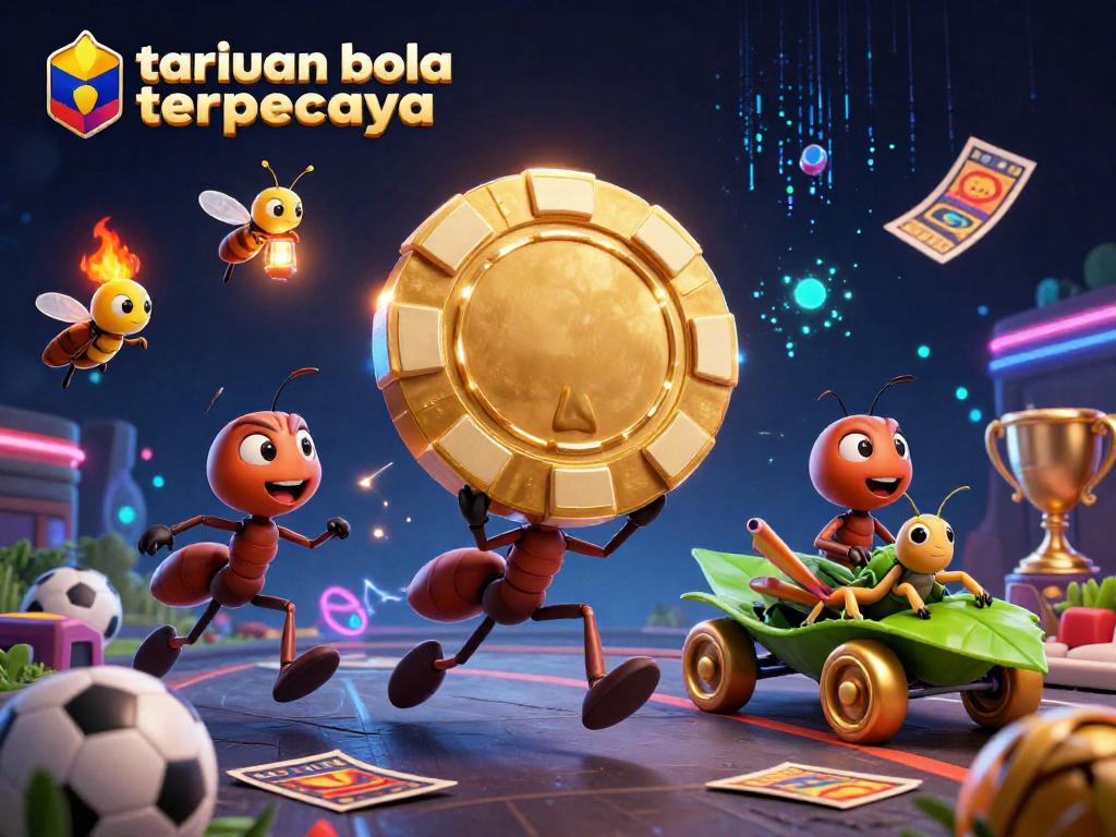 Enhance your taruhan bola terpercaya experience with an exciting illustration of ants heisting poker chips surrounded by sports elements.